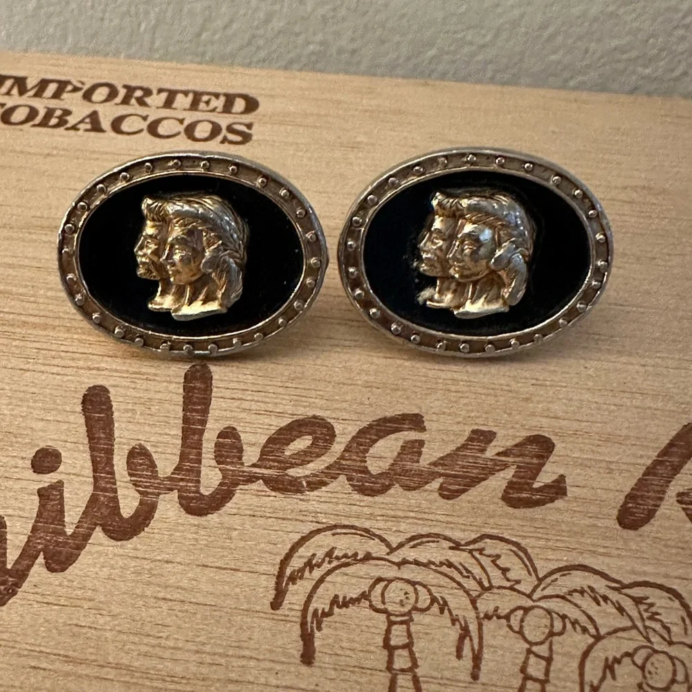 Vintage Cuff Links Gold TONED Black Inlay - Rare